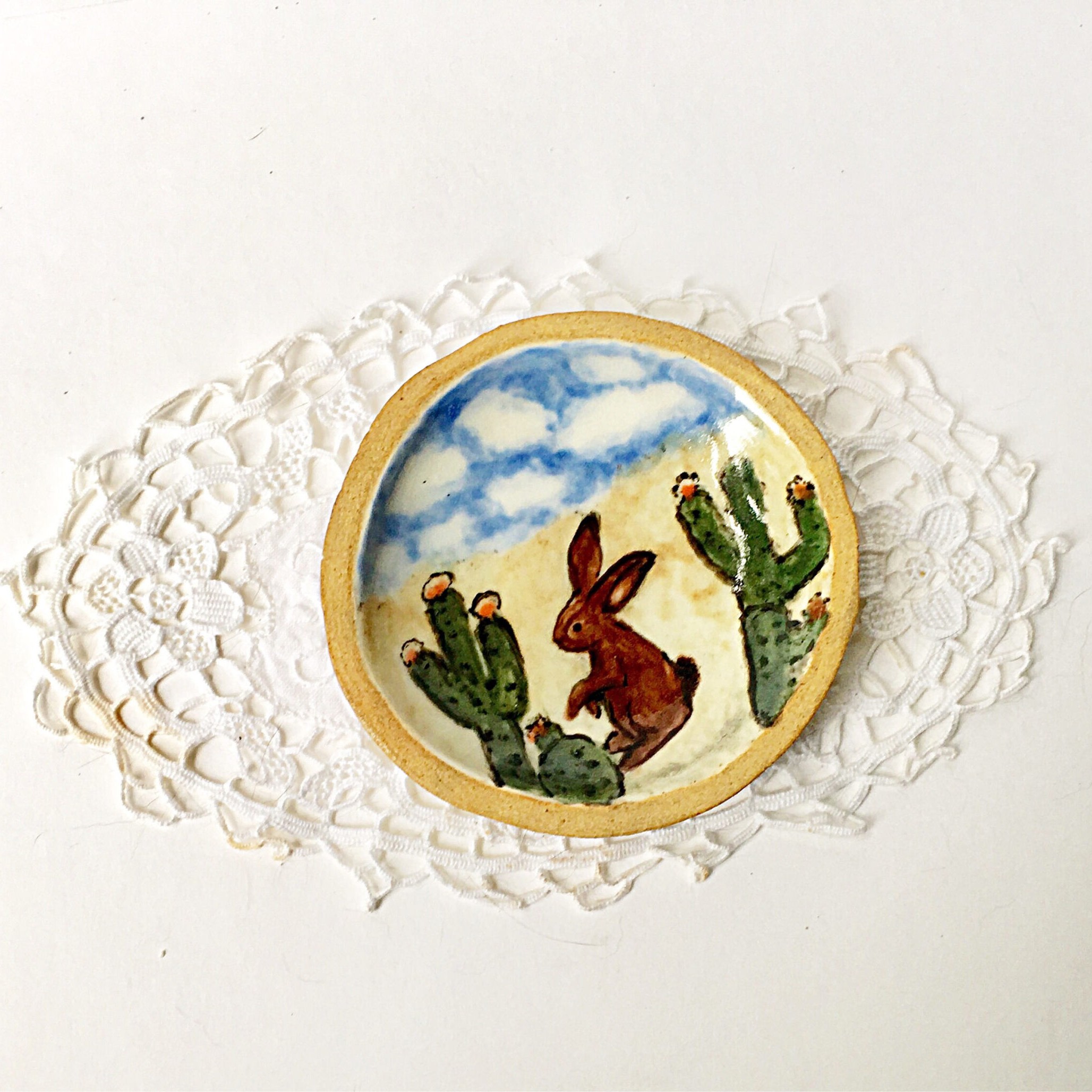 Ceramic Rabbit Painted Plate - Desert Scene - Rabbit Lover Gift - Interior Design - Small Plate - Home Decor - Housewarming - Cactus Bunny